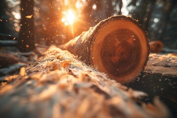 A close-up of a tree log with details of the tree rings and sawdust particles in the air, glowing in warm light