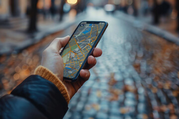 tourist using navigation app on phone