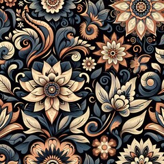 Floral pattern 1 with decorative flowers and leaves on a black background