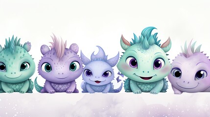 Five adorable baby dragons in different shades of purple and green, sitting in a row.