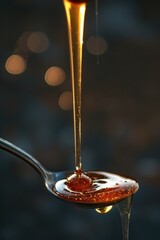A spoon pouring a stream of golden honey onto its surface