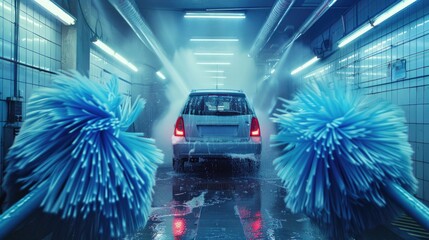 A vehicle being cleaned at an automatic car wash facility