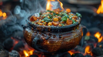 Clay Pot Stew Simmering Over Embers