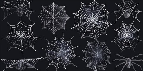 A close-up shot of a collection of spider webs on a dark, textured surface