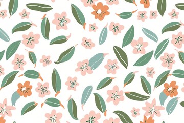Floral pattern 21 with decorative flat pink flowers and green leaves on a white background