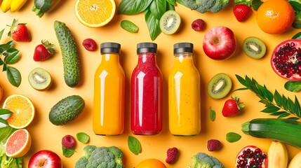 Colorful fruit and vegetable juice bottles with fresh produce on an orange background. Perfect for healthy lifestyle, nutrition and diet concepts. Vibrant and eye-catching food styling. AI
