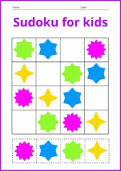 Sudoku game for children with pictures. Kids activity sheet. Training logic, educational game, geometric multi-colored shapes.
