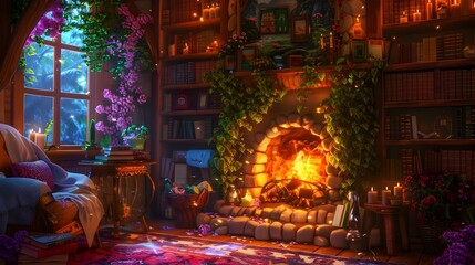 Enchanted Sprite s Sanctuary with Cozy Fireplace and Mystical Ambiance