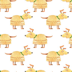 Naklejka premium Seamless pattern of watercolor dogs. We draw animals with watercolors. Children on a white background. Hand drawn illustration. Painted background. Fabric pattern. Dog, puppy