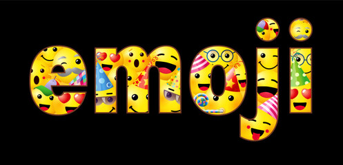 Creative word Emoji. Slogan design with 3D yellow faces and clipping mask. Social network banner. Happy emoji day congrats concept. Set of isolated emoticons. Congratulations template. Blogging post.