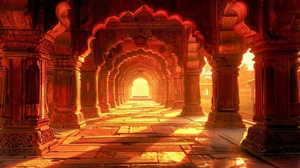 Vibrant sunset illuminates ancient architectural corridor with arches and stone floor. The warm color palette evokes a sense of history and mystery. Perfect for travel magazines and cultural blogs. AI