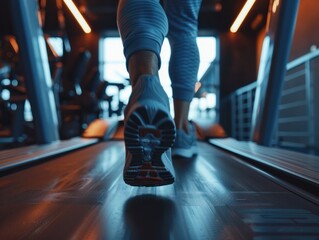 Fototapeta premium Close up of feet, sportman runner running on treadmill in fitness club. The individual, a dedicated athlete, is actively training in the gym, emphasizing a commitment to a healthy lifestyle.
