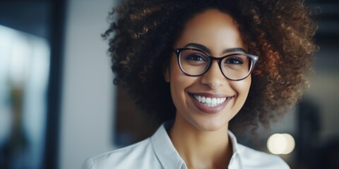 Portrait of a happy woman wearing glasses and smiling at the camera