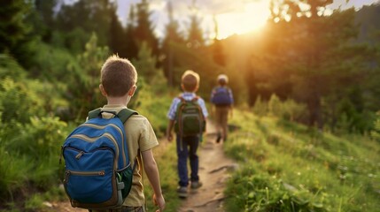 Fototapeta premium Family with backpacks hiking together on a forest trail, morning light creating a warm glow, capturing the joy of family and nature, detailed and inviting