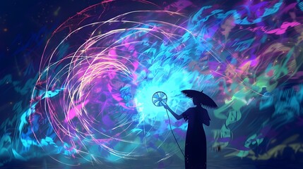 Magical Pixie Conjures Whirlwinds of Vibrant Light and Color in Doodle Style