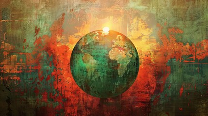 Enchanting abstract picture of a globe in green, red and various earth tones, 16:9
