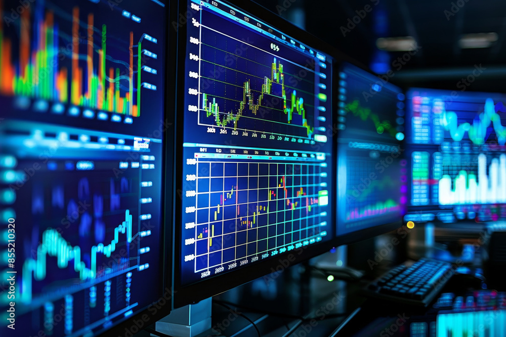 Poster a computer monitor displays multiple graphs and numbers, indicating a busy