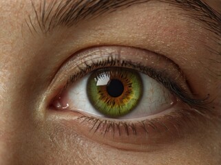 Close up image of the left eye of a white-skinned woman with green and brown iris.