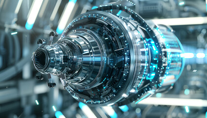 Fototapeta premium High Tech Futuristic Turbine Engine with Fans, Wires, Connectors in development