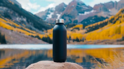 Sleek black water bottle on a rock with a backdrop of a tranquil mountain lake and fall colors, highlighting outdoor gear and natural beauty, crisp and focused
