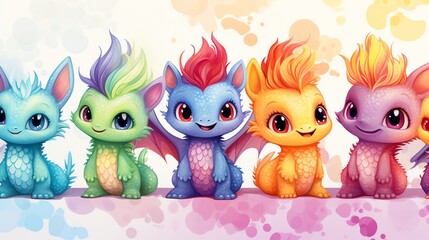 Obraz premium Five adorable, colorful, cartoon baby dragons with wings.