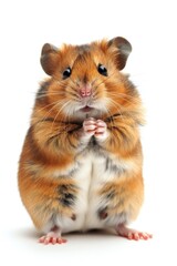 A brown and white hamster sitting on its hind legs, waiting or observing