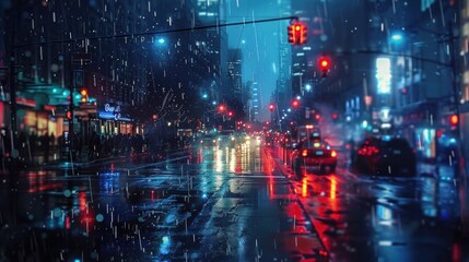 Naklejka premium Rainy Night Cityscape with Blurry Lights