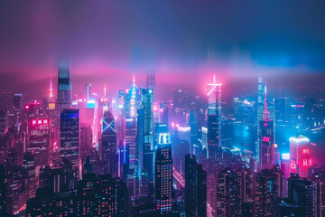 Obraz premium A city skyline at night with neon lights and a purple sky