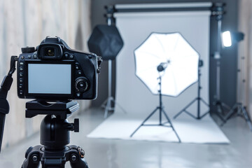 A camera is set up in front of a white background with a spotlight on it