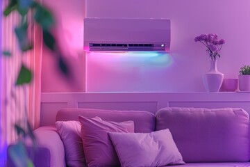 A cozy living room with a couch, air conditioner, and possibly other furniture