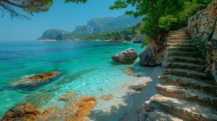 Obraz premium A stunning coastal scene with crystal-clear turquoise waters, a stone staircase leading to a beach, and lush greenery. The scenery evokes a sense of peace and relaxation