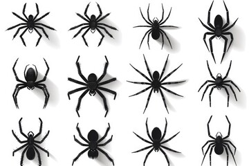 Collection of spider silhouettes against a white background, ideal for use in designs or illustrations