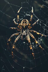 Obraz premium A single spider sits atop its intricate web, waiting for prey