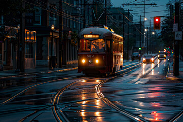 Obraz premium A red trolley is traveling down a wet street at night