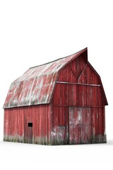 A classic rural scene featuring an old red barn with a rusty tin roof