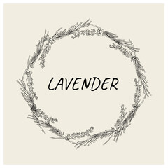 Floral, round lavender frame for social media posts, greeting cards, invitations, text, quotes. Botanical vector illustration of flowers in the form of a wreath in a flat linear style.
