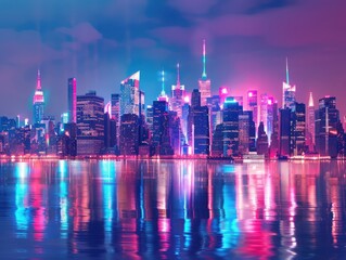 New York City Manhattan skyline panorama at night with neon lights.