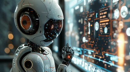 Fototapeta premium Charming robot on black holds shining 3D apartment hologram, showcasing advanced design.generative ai