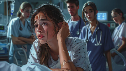 Fototapeta premium Girl in pain on hospital bed, clutching throat; doctors in the background.generative ai