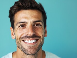 Fototapeta premium Portrait of a blissful man in his 30s smiling at the camera isolated in pastel blue background