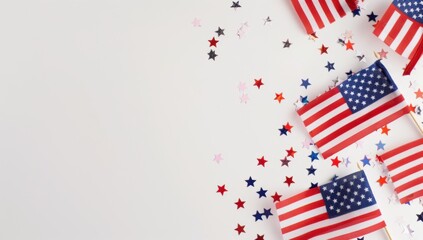 Obraz premium A few small American flags and stars are scattered on a white background The web banner features copy space Generative AI