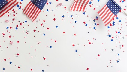 Obraz premium A few small American flags and stars are scattered on a white background The web banner features copy space Generative AI