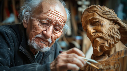 Elderly man carving a wooden Jesus sculpture.generative ai