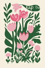 Charming illustrations featuring pink flowers and adorable animals in a simple, modern style. Perfect for greeting cards, children's books, wall art, and spring-themed designs. Playful, vibrant, and d