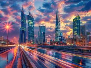 Fototapeta premium Riyadh City Skyline at Dusk with Dazzling Lights and Modern Architecture, A Stunning Urban Panorama