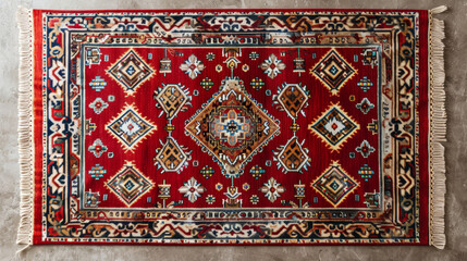 A red and blue oriental rug with a white fringe