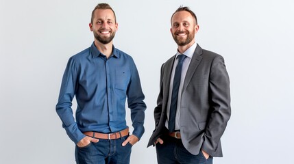 Two smiling men standing together. One dressed in casual attire, the other in a business suit. Studio photo on white background. Perfect for corporate or business presentations. AI