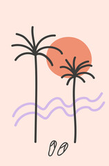 Summer tropical boho abstract poster. Hand drawn vector illustration, marine motive, sea coast landscape, sunset. Design cards in minimalist style for template, print, paper, decor, postcard, logo