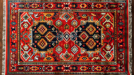 A red and black oriental rug with a fringe