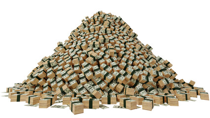 Huge pile of money, dollar stacks on pile isolated on transparent background.